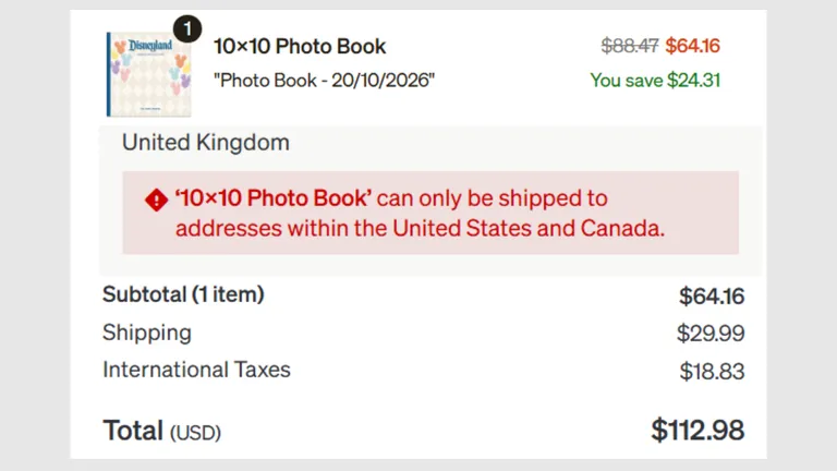 Checkout shows a 10×10 Photo Book cannot be shipped to addresses within the United States and Canada.