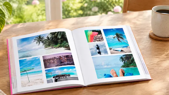 Open photo album displaying tropical beaches, palm trees, turquoise water and holiday scenes.