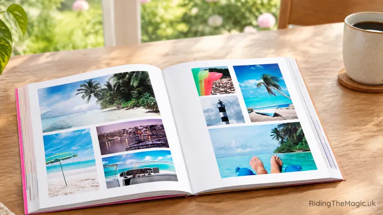 Open photo album displaying tropical beaches, palm trees, turquoise water and holiday scenes.