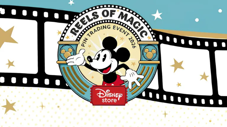 Mickey Mouse graphic reading “Reels of Magic Pin Trading Event 2025” with a Disney Store logo.