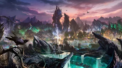 Artists rendition of Villains land with a dark evil landscape and a castle