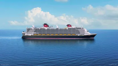 Artist image of Disney Adventure cruise ship in blue ocean blue sky