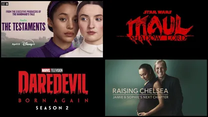 Promotional collage for TV shows including The Testaments, Star Wars: Maul – Shadow Lord, Daredevil: Born Again and Raising Chelsea.