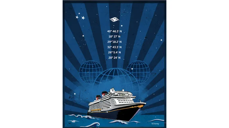 Disney cruise ship sailing beneath a starry sky, with celestial coordinates displayed above.