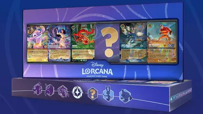 Disney Lorcana trading card game display featuring five illustrated cards and a question-mark card.