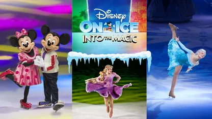 picture of minnie mouse and mcikey mouse left on ice skates words disney on ice into the magic top centre bottom centre woman dressed in urple dress as rapunzel on ice skate right woman with leg in air on ice dressed in blue dress white hair elsa