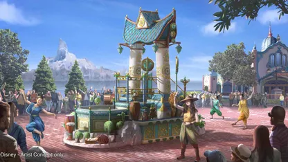 Artist’s concept of a colourful fantasy-themed plaza with an ornate pavilion, crowds and mountains in the background.