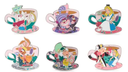 Six Disney Alice in Wonderland pins on a white background