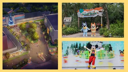 Theme park collage featuring an aerial park view, Bluey and Bingo at an entrance, and Mickey Mouse by a fountain.