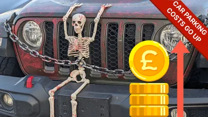 Car parking costs go up with a skeleton on a car and a pound sign