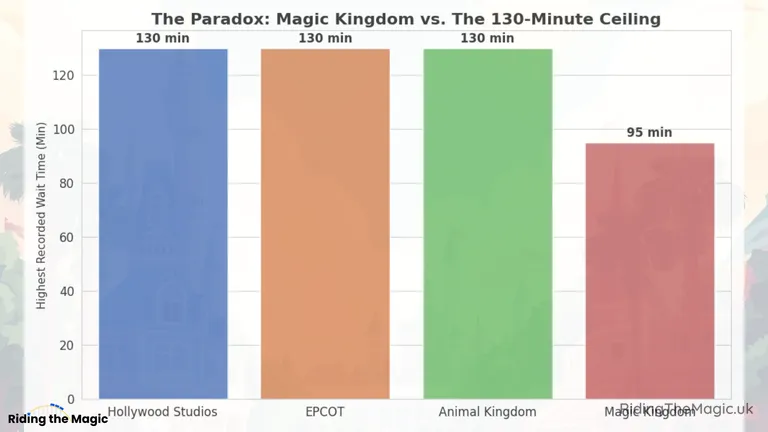 Bar chart titled “The Paradox: Magic Kingdom vs. The 130-Minute Ceiling”; Hollywood Studios, EPCOT and Animal Kingdom reach 130 minutes, while Magic Kingdom reaches 95 minutes.