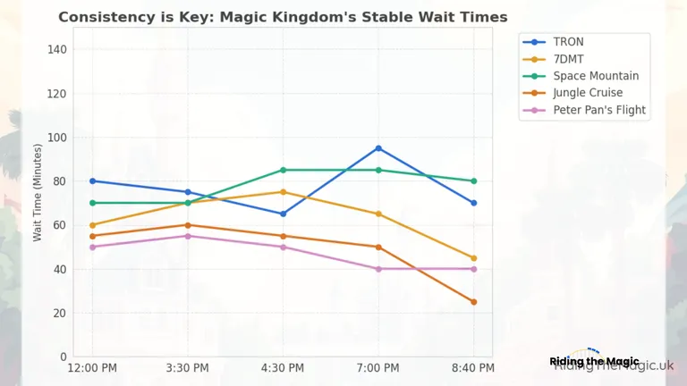 Line chart showing Magic Kingdom wait times: Space Mountain remains most consistent, while TRON peaks at 7:00 PM.