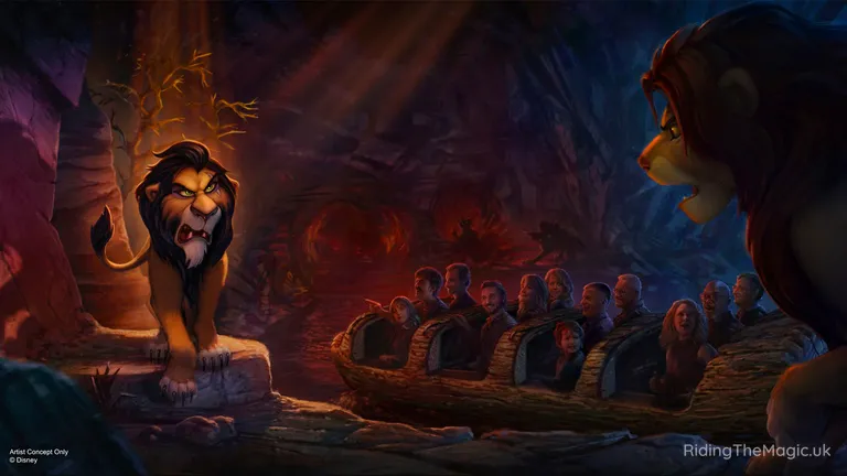 A snarling lion stands on a rocky ledge before a group of animals gathered in a boat inside a cave.
