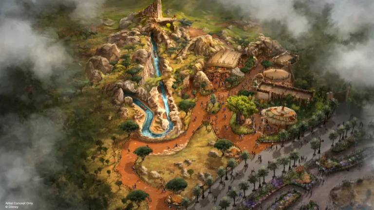 Illustrated aerial map of a tropical adventure park with waterfalls, themed buildings, pathways and palm-lined roads.