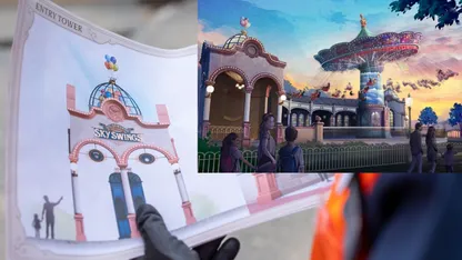 Concept artwork for a theme-park Sky Swings ride, showing its entry tower and suspended spinning ride.