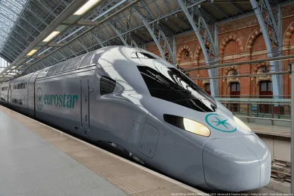 Eurostar train at a station with a modern design and a logo on the front
