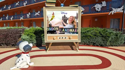 A Dalmatian statue sits in front of a London Landmark themed attraction at Disney's Hollywood Studios