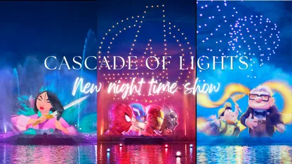 Collage of images from the new night time show Cascade of Lights