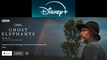 Disney+ screen promoting National Geographic documentary Ghost Elephants, featuring a bearded man in a hat beside a rainbow.