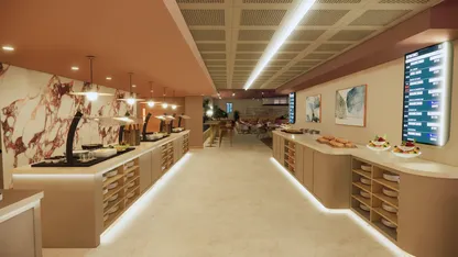Buffet-style restaurant interior with food counters, seating area and digital menu boards.
