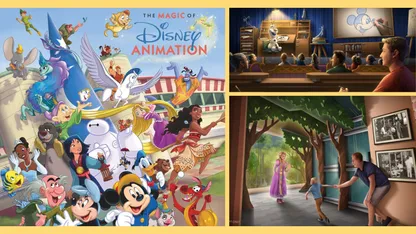 Disney animation collage featuring classic characters, a recording studio scene, and a family visiting an animated forest.