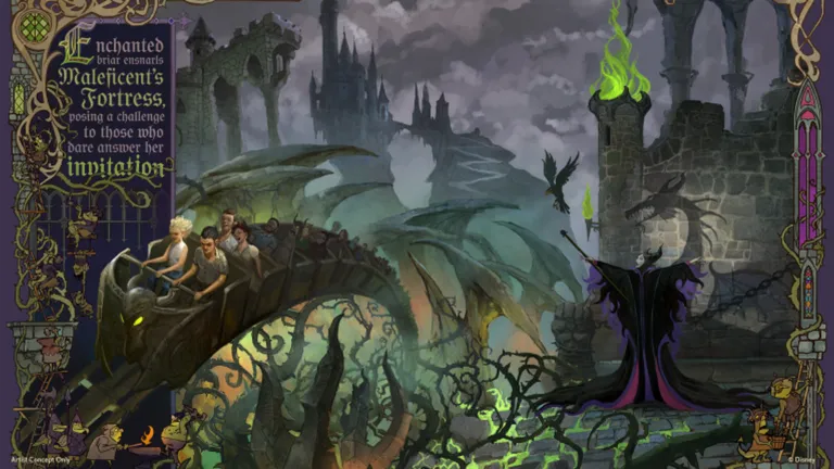 Promotional poster for Disney Villains: Maleficent’s Fortress with text inviting visitors to answer a challenge.