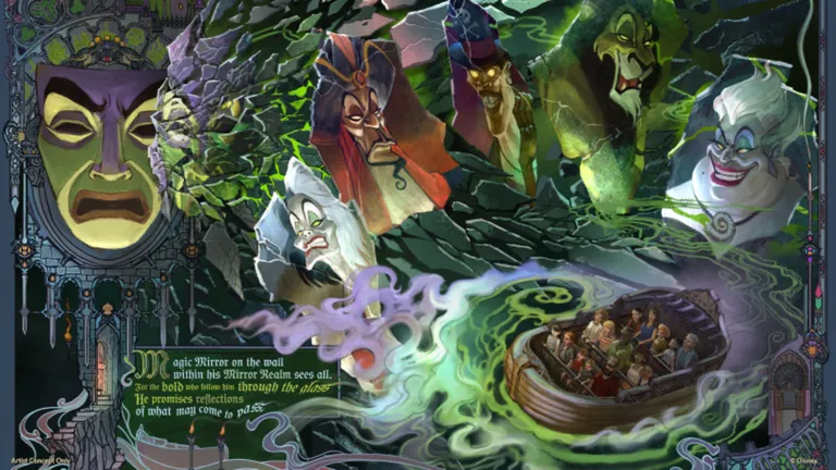Mural of villainous faces swirling around a boat of passengers through a magical mirror.