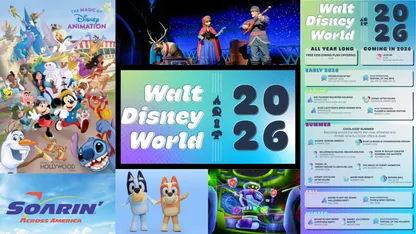 Walt Disney World 2026 promotional collage featuring Disney characters, attractions and seasonal events.