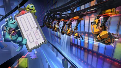 Concept art showing Monsters Inc characters holding on to a door whilst a suspended ride train passes by with people enjoying them selves in front of rows of doors
