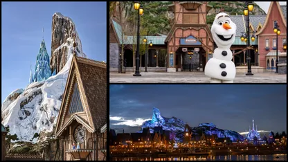 Collage of a snowy mountain castle, Olaf outside a themed building, and the illuminated resort at night.