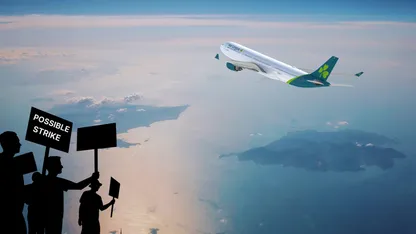 Aer Lingus plane flying above silhouettes of people holding signs that say "Possible Strike"