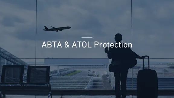 ABTA & ATOL Protection text over airport silhouette with traveller and aeroplane in the background