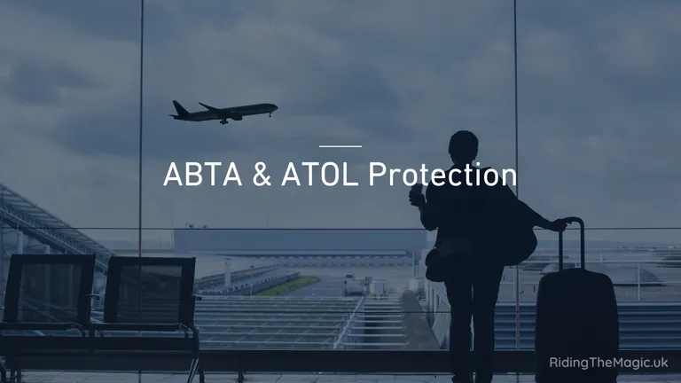 ABTA & ATOL Protection text over airport silhouette with traveller and aeroplane in the background