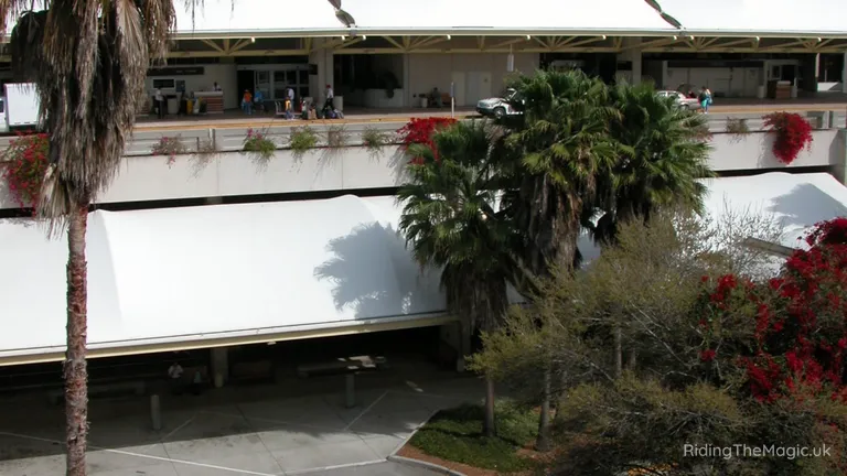 Multi-storey building with palm trees and flowering shrubs in front.