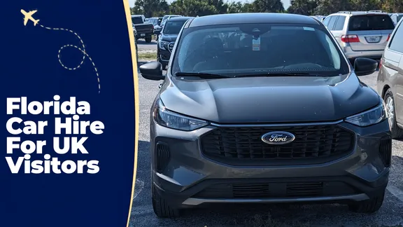Florida car hire for UK visitors, with a Ford SUV parked beside the text.