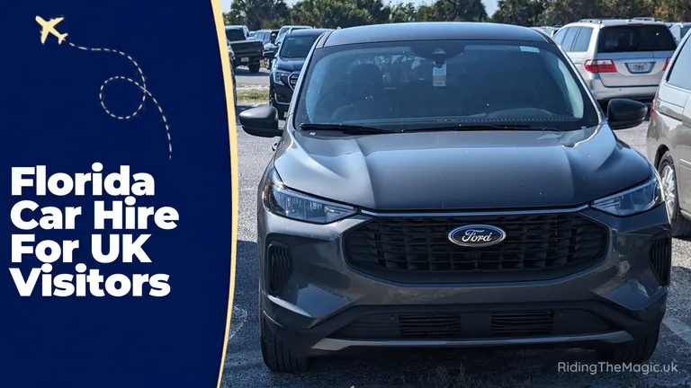 Florida car hire for UK visitors, with a Ford SUV parked beside the text.