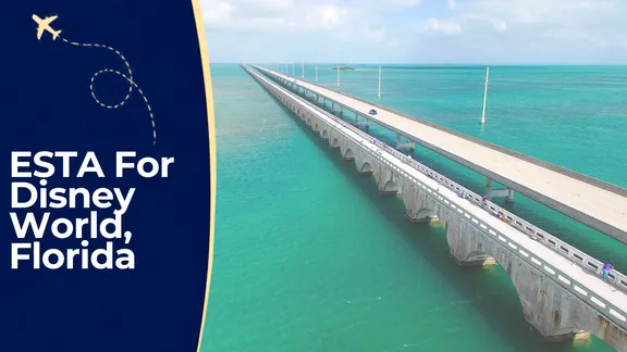 ESTA for Disney World, Florida with an aerial view of a bridge over turquoise water