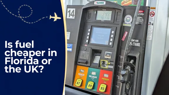 7-Eleven fuel pump beside text asking, “Is fuel cheaper in Florida or the UK?”