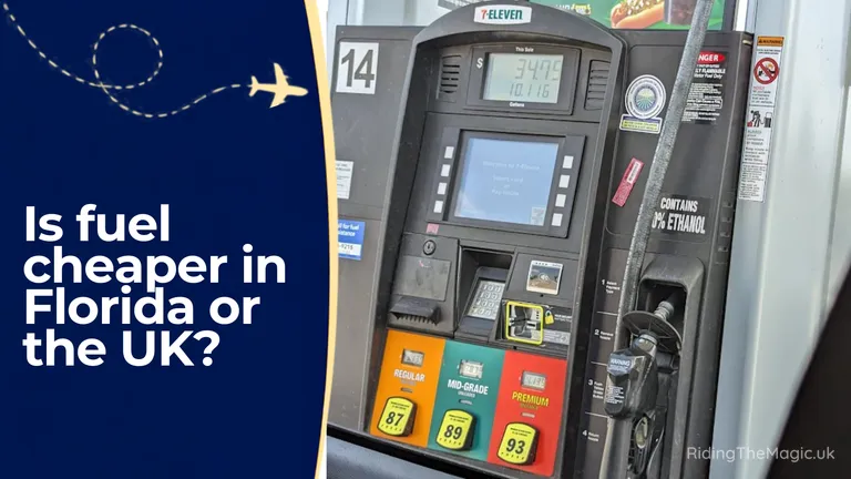 7-Eleven fuel pump beside text asking, “Is fuel cheaper in Florida or the UK?”