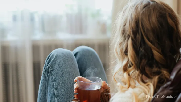 Woman sitting by a window holding a glass of tea, with knees drawn up.