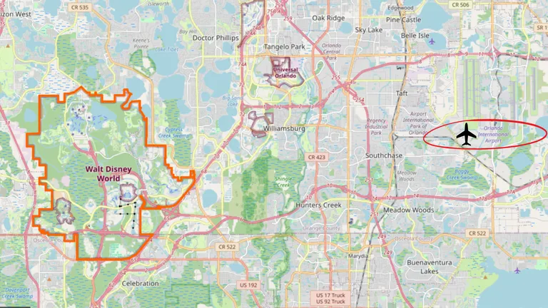 Map of Orlando showing Walt Disney World outlined and Orlando International Airport circled.