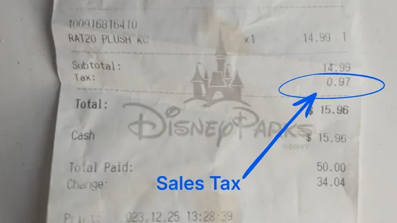 Receipt showing tax amount 0.97 circled and labelled “Sales Tax”