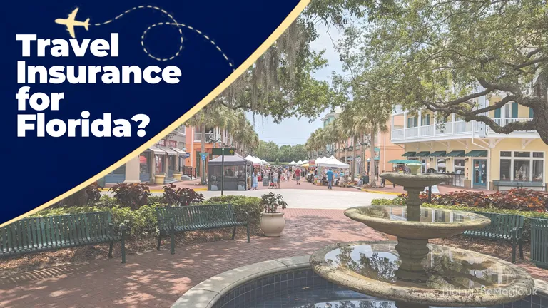 Travel insurance for Florida? text over a town square with fountain and shops
