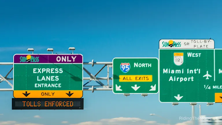 Road signs for express lanes and I-95 North towards Miami International Airport