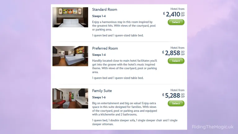 List of three hotel room options with thumbnail photos, brief descriptions, and prices.