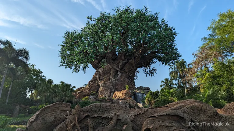 Large tree-like structure rising from rocky terrain, surrounded by lush greenery and a blue sky.