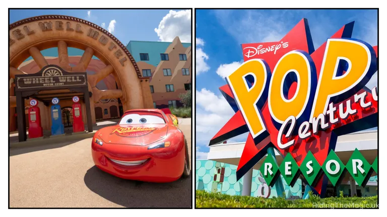 Disney’s Pop Century Resort sign and Lightning McQueen outside the Wheel Well Motel facade