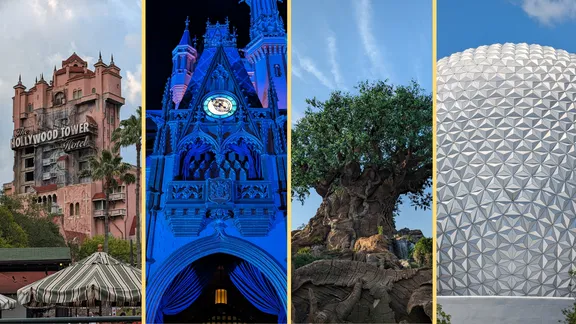 Collage of four Disney attractions: Hollywood Tower Hotel, Cinderella Castle lit blue, Tree of Life and Epcot’s geodesic sphere.