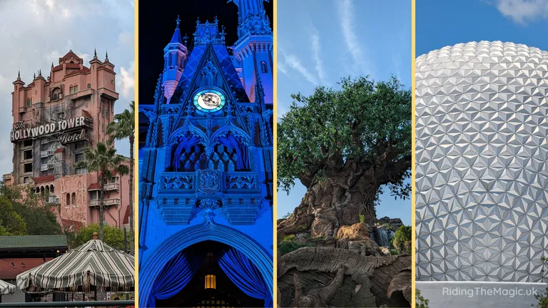 Collage of four Disney attractions: Hollywood Tower Hotel, Cinderella Castle lit blue, Tree of Life and Epcot’s geodesic sphere.