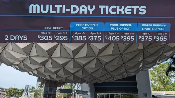 Multi-day ticket sign showing 2-day prices for ages 10+ and 3–9, with base, Park Hopper and water park options.